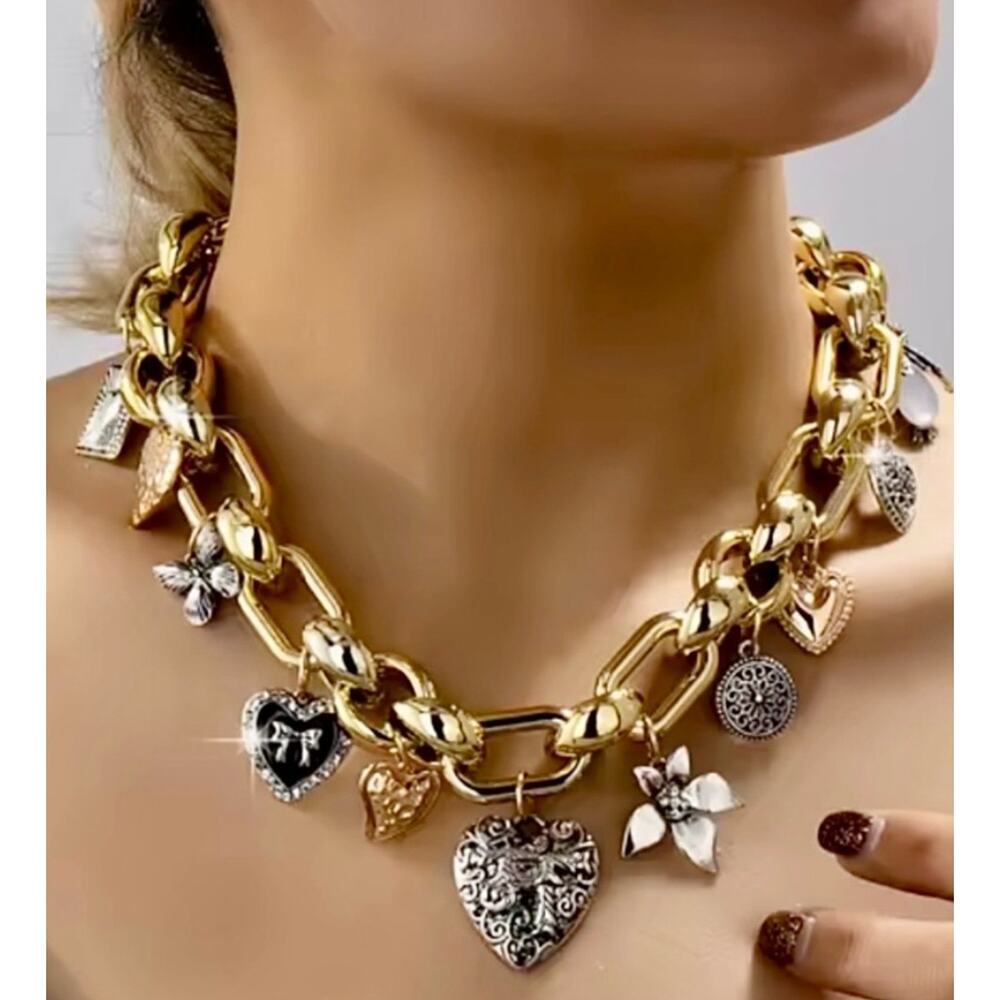 Gold Charm Necklace Stainless Steel Chunky Chain Heart Pendant Layered